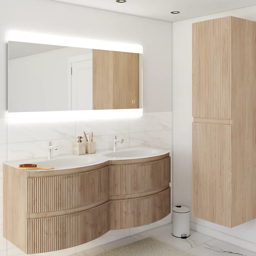 Plan double vasque en verre blanc 138 cm Vague