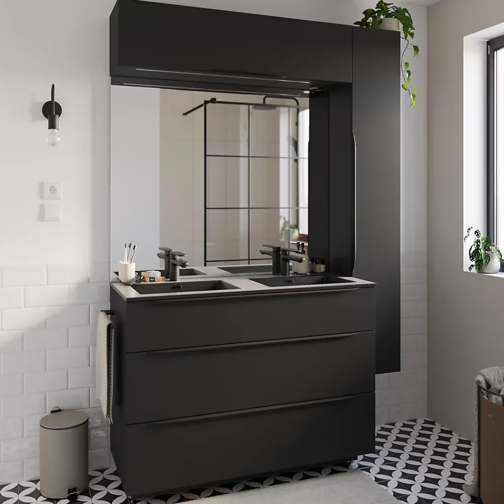 Plan double vasque noir mat en résine l.120 cm, Pamili