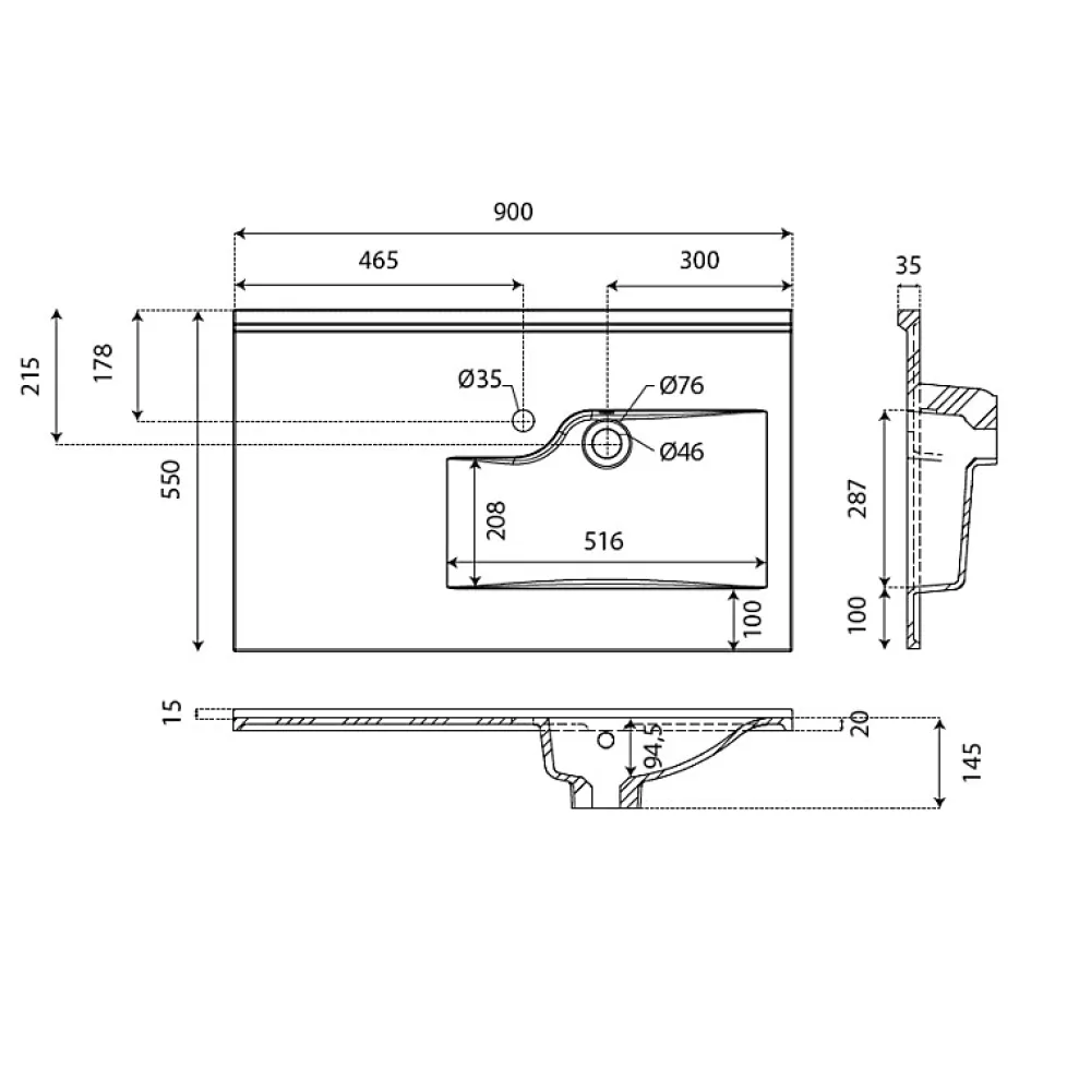 Cuisibane Plan simple vasque déportée à gauche RESILOGE - 90 cm