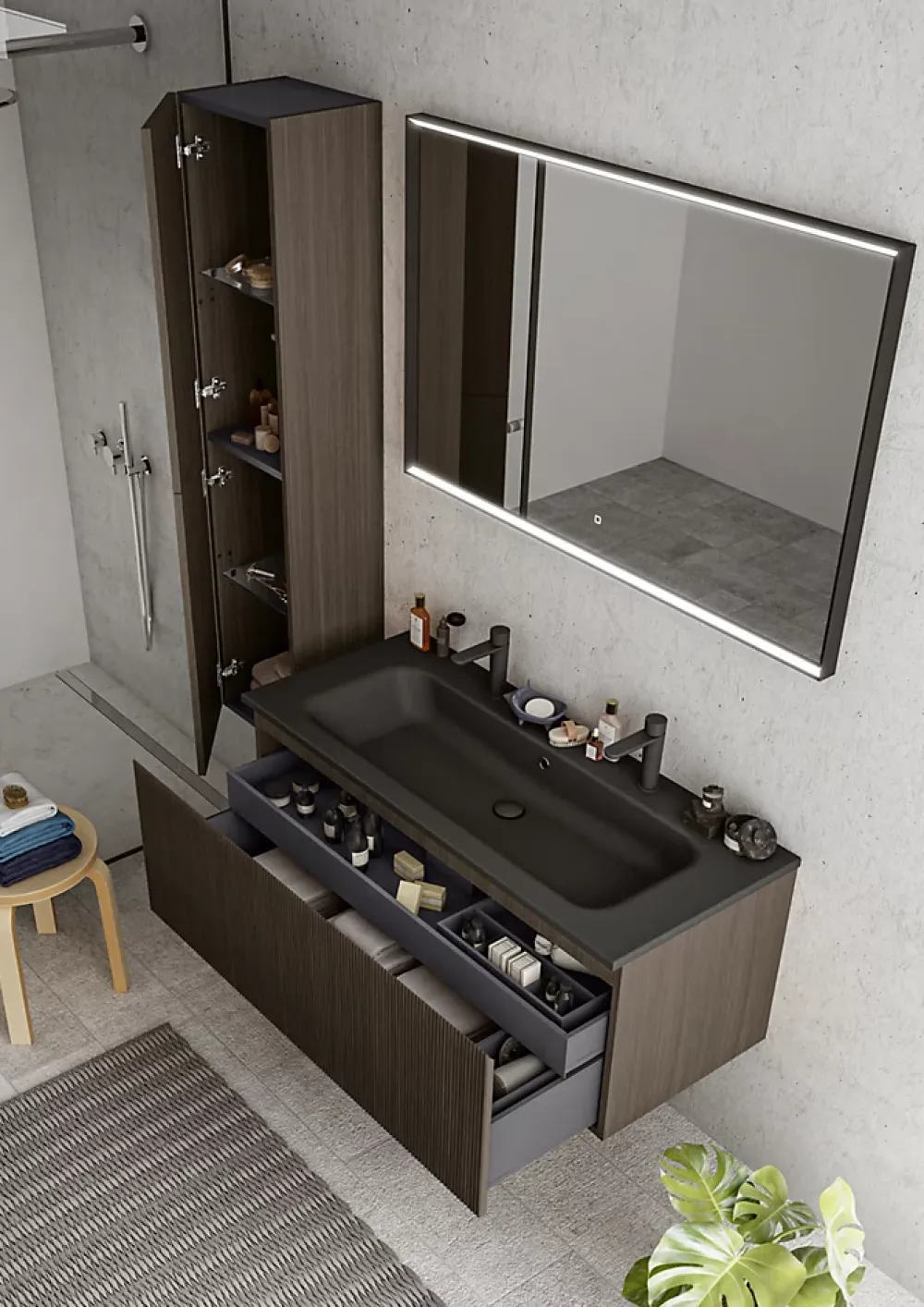 Plan Double Vasque|Ipiemme SRL Plan simple vasque noir en résine l.120 cm pour 2 robinets, Pura+