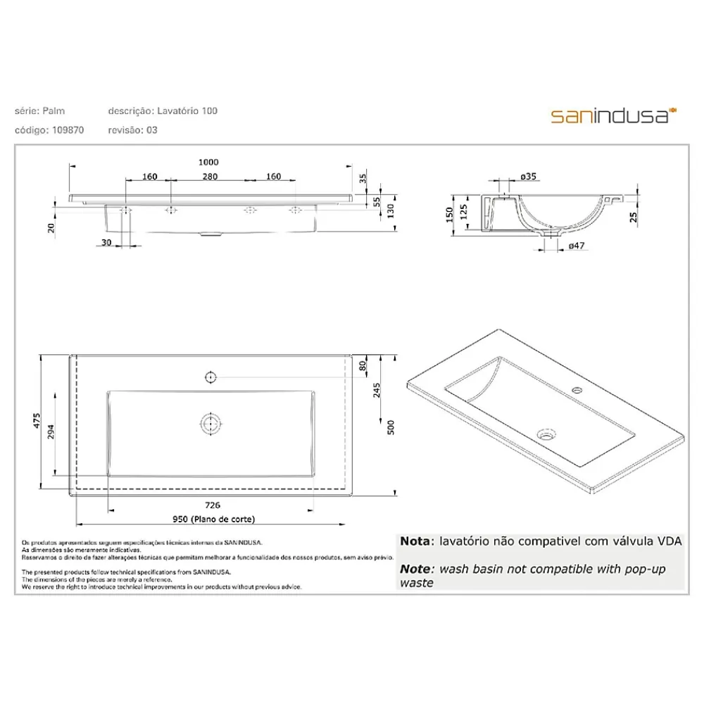 Sanindusa Plan vasque céramique traditionnelle Palm 100 blanc a poser sur plan ou meuble