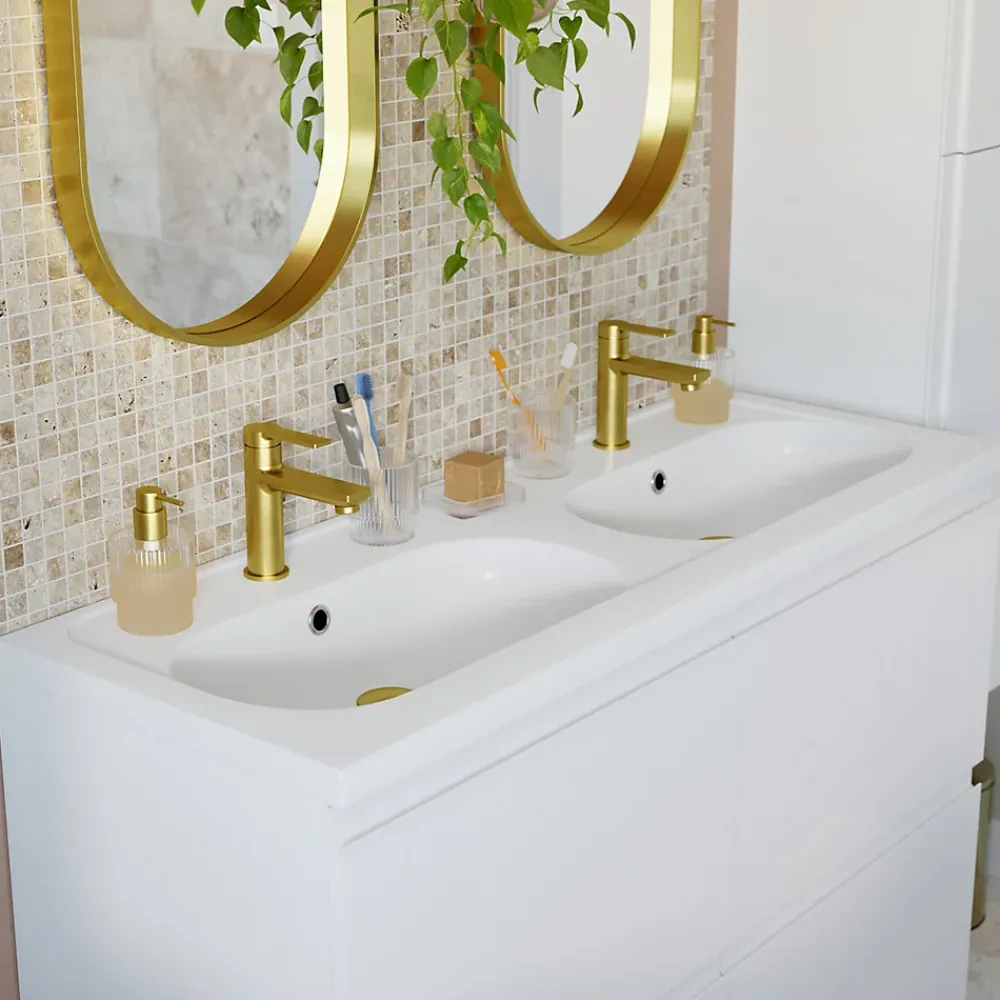 GoodHome Plan vasque double l.120,6 x H.12,3 x P.45,2 cm, en céramique blanche, levanna