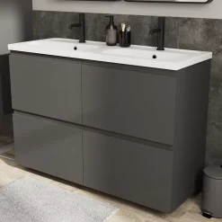 GoodHome Plan vasque double l.120,6 x H.12,3 x P.45,2 cm, en céramique blanche, levanna