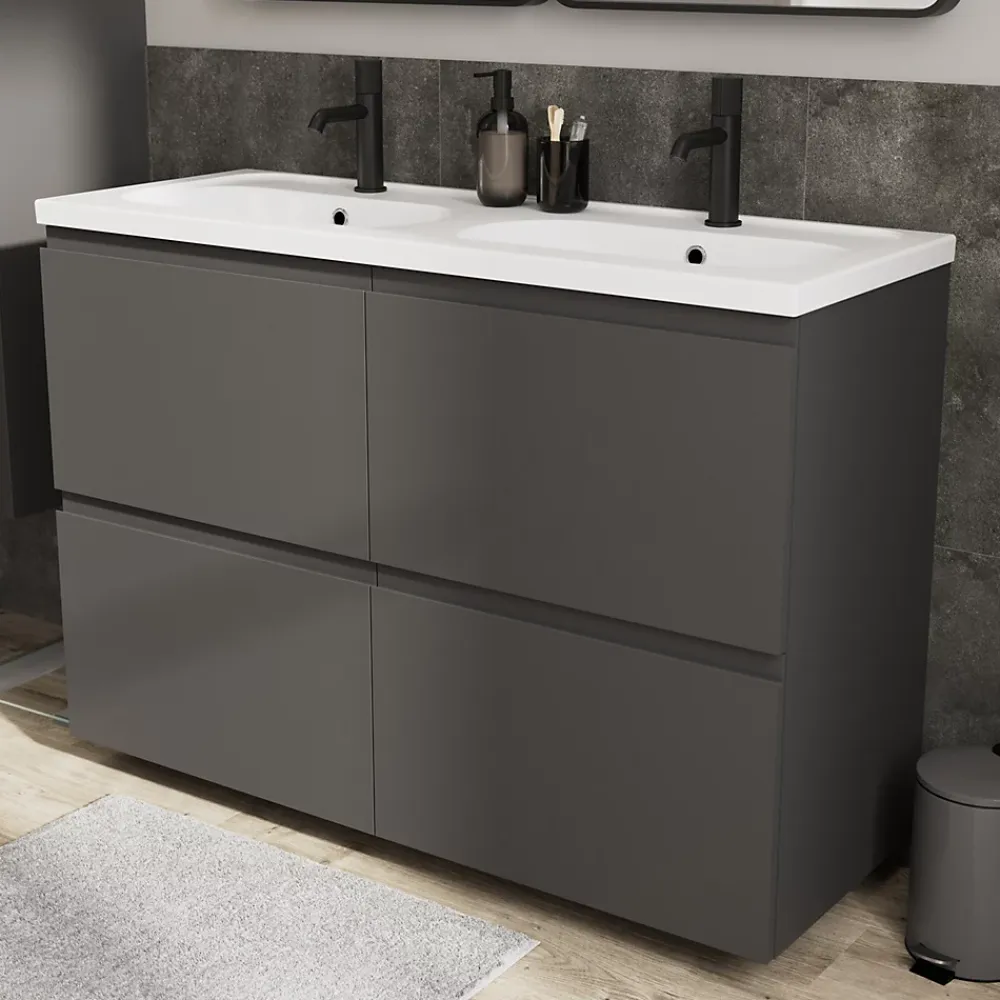 GoodHome Plan vasque double l.120,6 x H.12,3 x P.45,2 cm, en céramique blanche, levanna