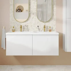 GoodHome Plan vasque double l.120,6 x H.12,3 x P.45,2 cm, en céramique blanche, levanna