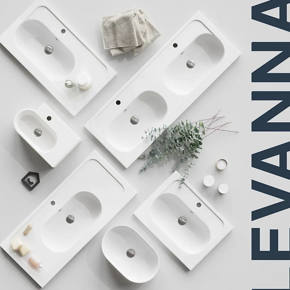 GoodHome Plan vasque double l.120,6 x H.12,3 x P.45,2 cm, en céramique blanche, levanna