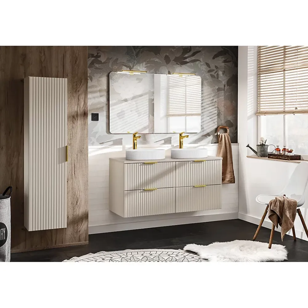 Plan Double Vasque|Meublorama Plan vasque NOXERA 120 cm Beige mat À poser Finition haut de gamme en MDF
