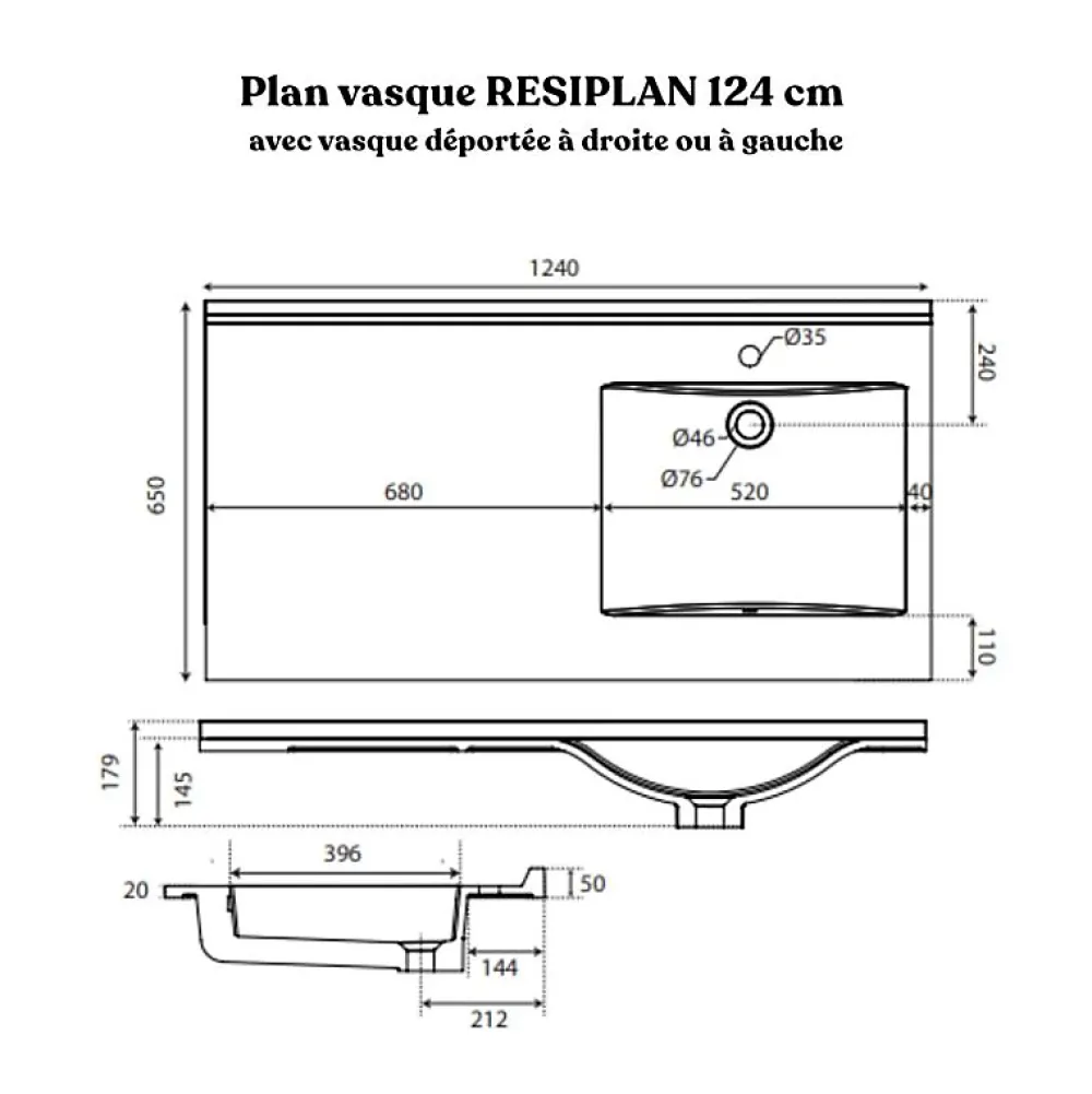 Cuisibane Plan vasque RESIPLAN - 124 cm avec vasque déportée à gauche