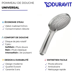 Pommeau De Douche, Flexible Et Barre De Douche|Duravit Pommeau de douche 3 jets Universal avec curseur inox brossé + flexible de douche