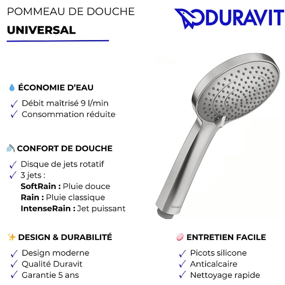 Pommeau De Douche, Flexible Et Barre De Douche|Duravit Pommeau de douche 3 jets Universal avec curseur inox brossé + flexible de douche