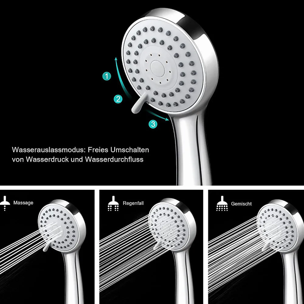 Deko Pommeau de douche économie d'eau à 3 types de jet haute pression avec tuyau de 1,5 m et ruban téflon
