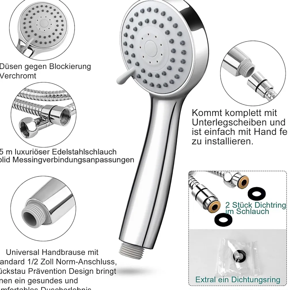 Deko Pommeau de douche économie d'eau à 3 types de jet haute pression avec tuyau de 1,5 m et ruban téflon