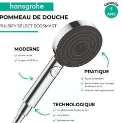 Pommeau De Douche, Flexible Et Barre De Douche|Hansgrohe Pommeau de douche Pulsify Select EcoSmart 105 3 jets Relaxation + flexible de douche Designflex 160 cm blanc mat