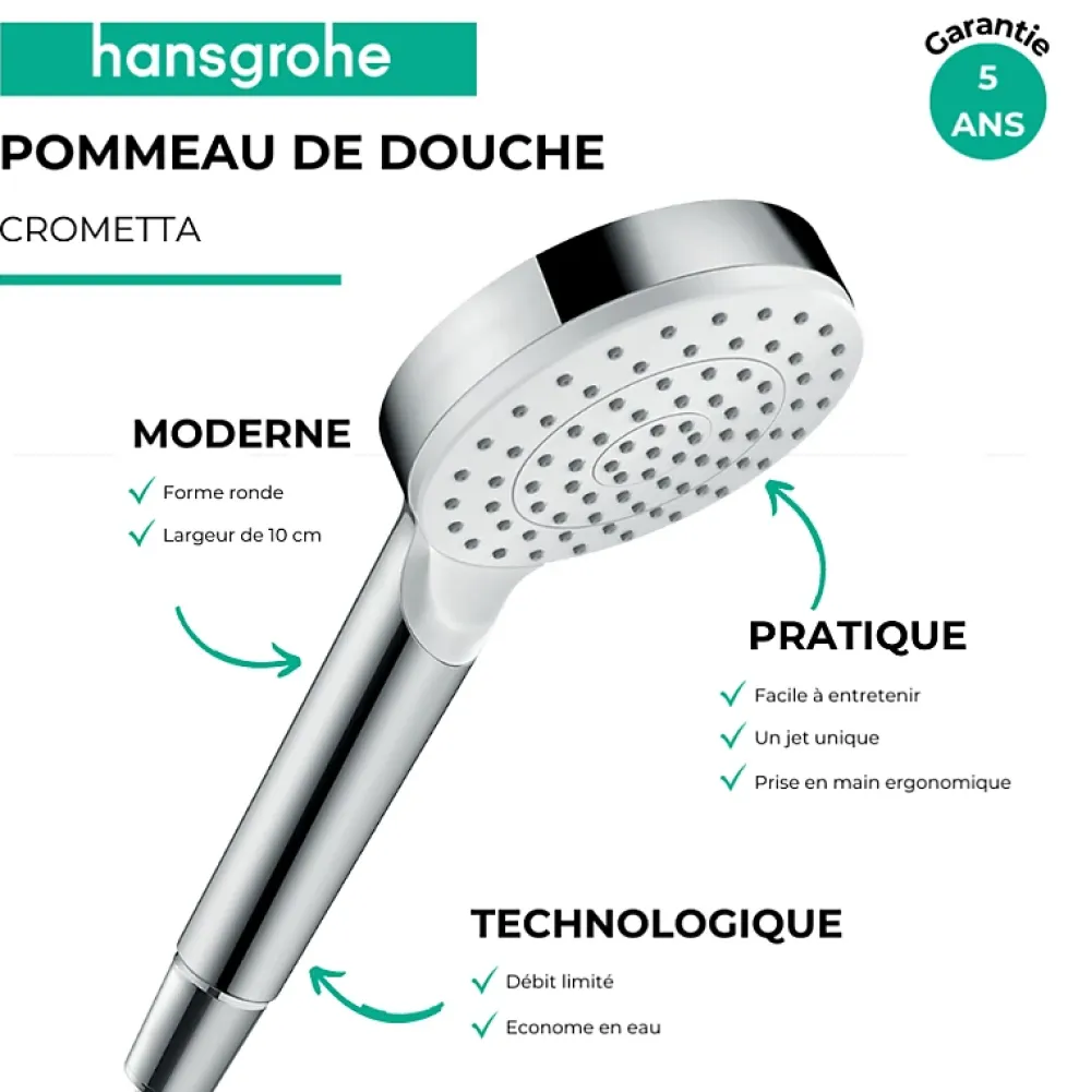 Pommeau De Douche, Flexible Et Barre De Douche|Hansgrohe Pommeau de douche Crometta EcoSmart blanc/chromé + flexible de douche Designflex 160 cm chromé