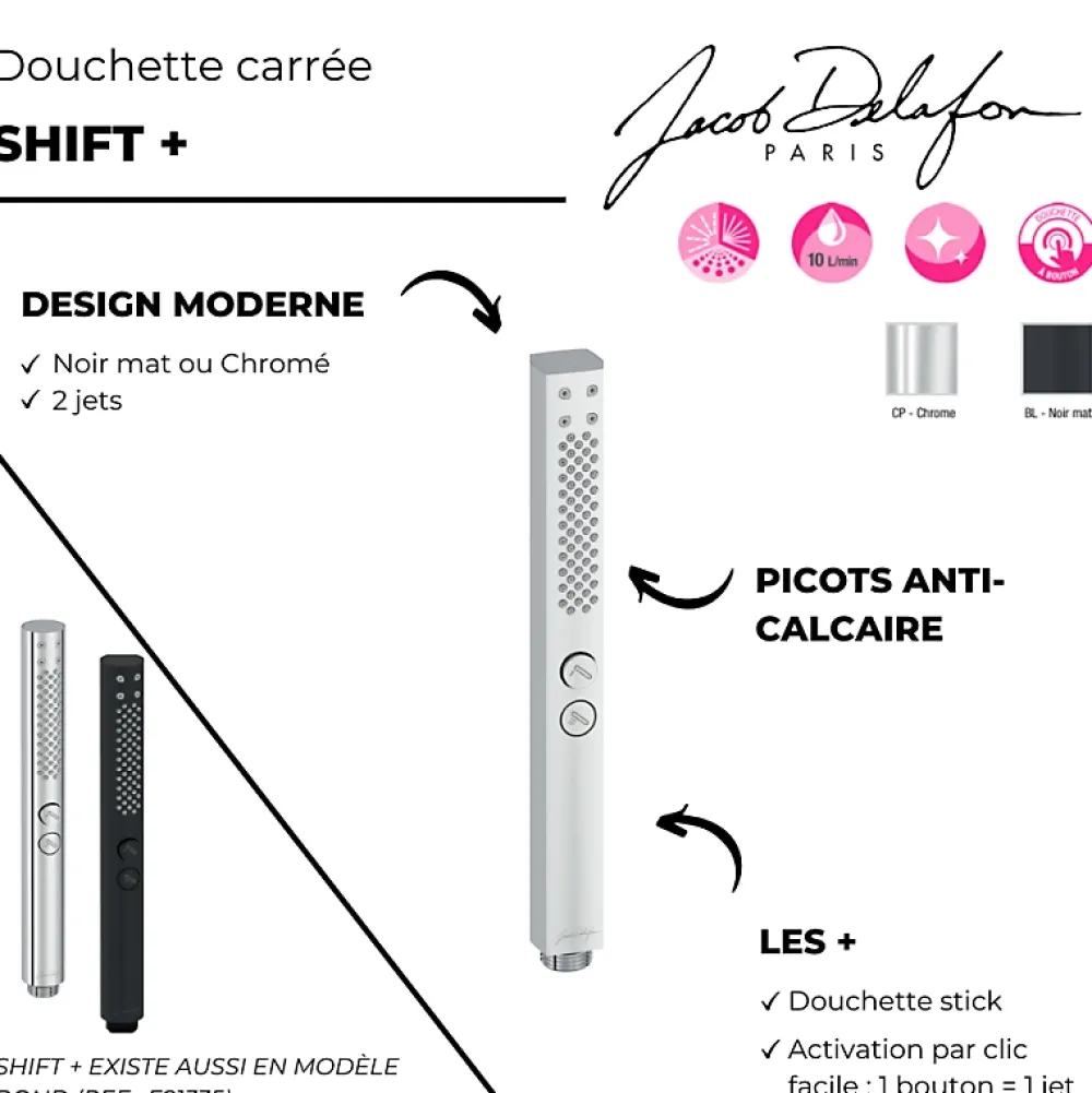 Pommeau De Douche, Flexible Et Barre De Douche|Jacob Delafon Pommeau de douche Shift+ carré 2 jets noir mat + flexible