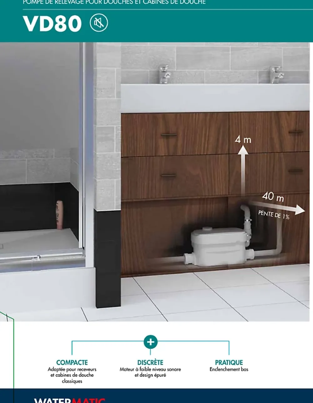 Wc Chimique Et Broyeur|Watermatic Pompe de relevage 2 entrées pour douche traditionnel ou extra plat VD80 évacuation de 1 douche+1 lavabo