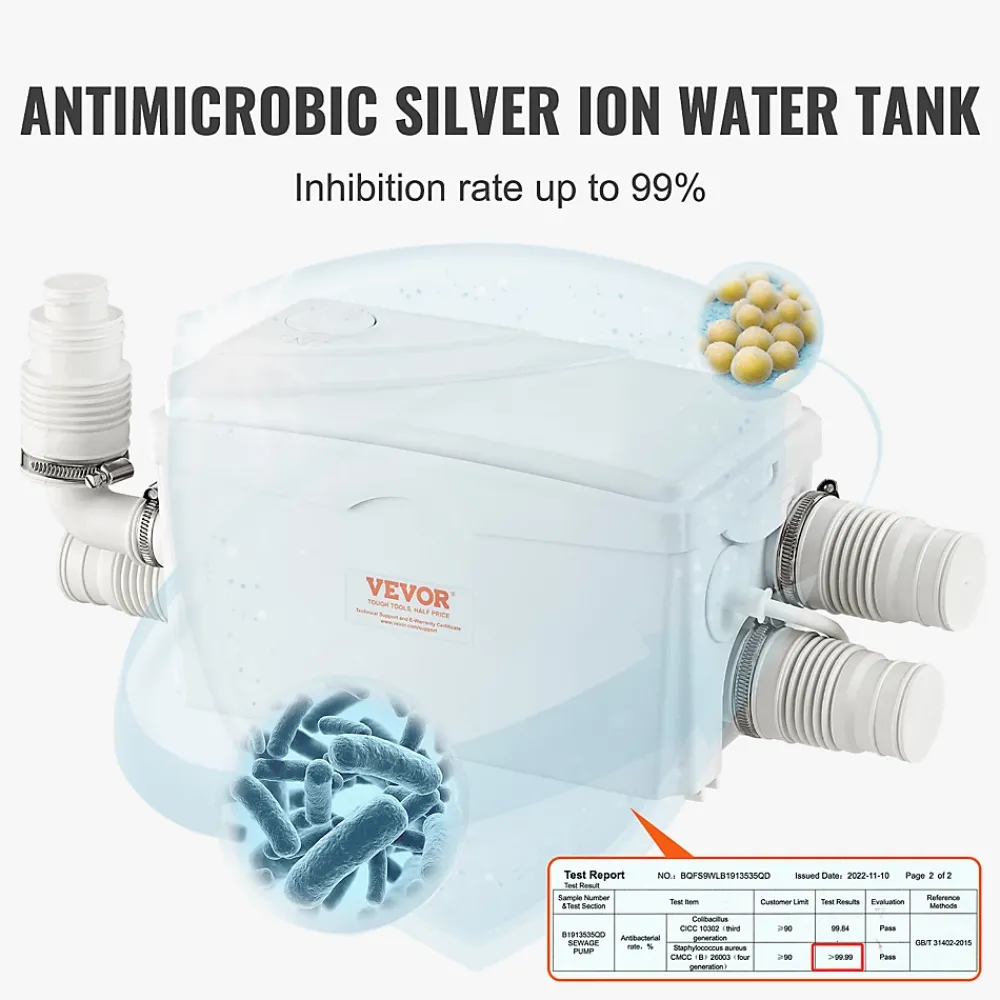 Vevor Pompe macératrice 350W, 3 entrées eau, 6000 L h, relevage 7 m, eaux usées sous-sol cuisine.