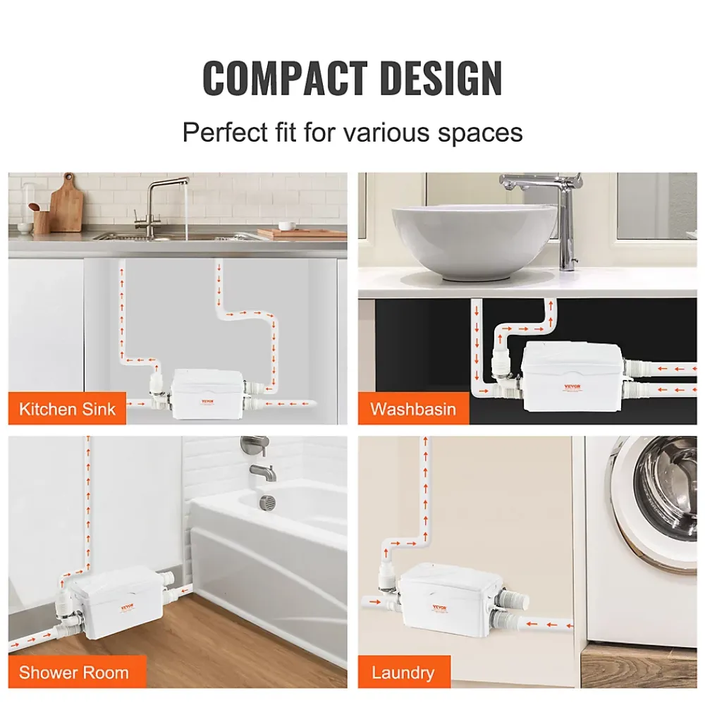 Vevor Pompe macératrice 350W, 3 entrées eau, 6000 L h, relevage 7 m, eaux usées sous-sol cuisine.