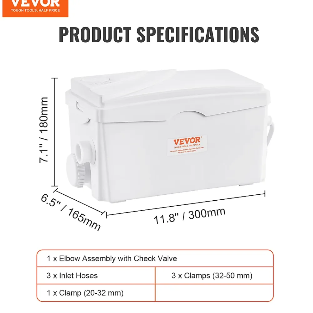 Vevor Pompe macératrice 350W, 3 entrées eau, 6000 L h, relevage 7 m, eaux usées sous-sol cuisine.