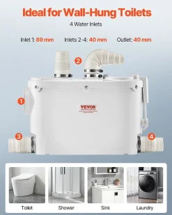 Wc Chimique Et Broyeur|Vevor Pompe macératrice 500W, 6600 L h, ht. manométrique 8 m, 3 entrées eau, eaux usées.