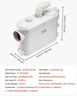 Wc Chimique Et Broyeur|Vevor Pompe macératrice 500W, 6600 L h, ht. manométrique 8 m, 3 entrées eau, eaux usées.