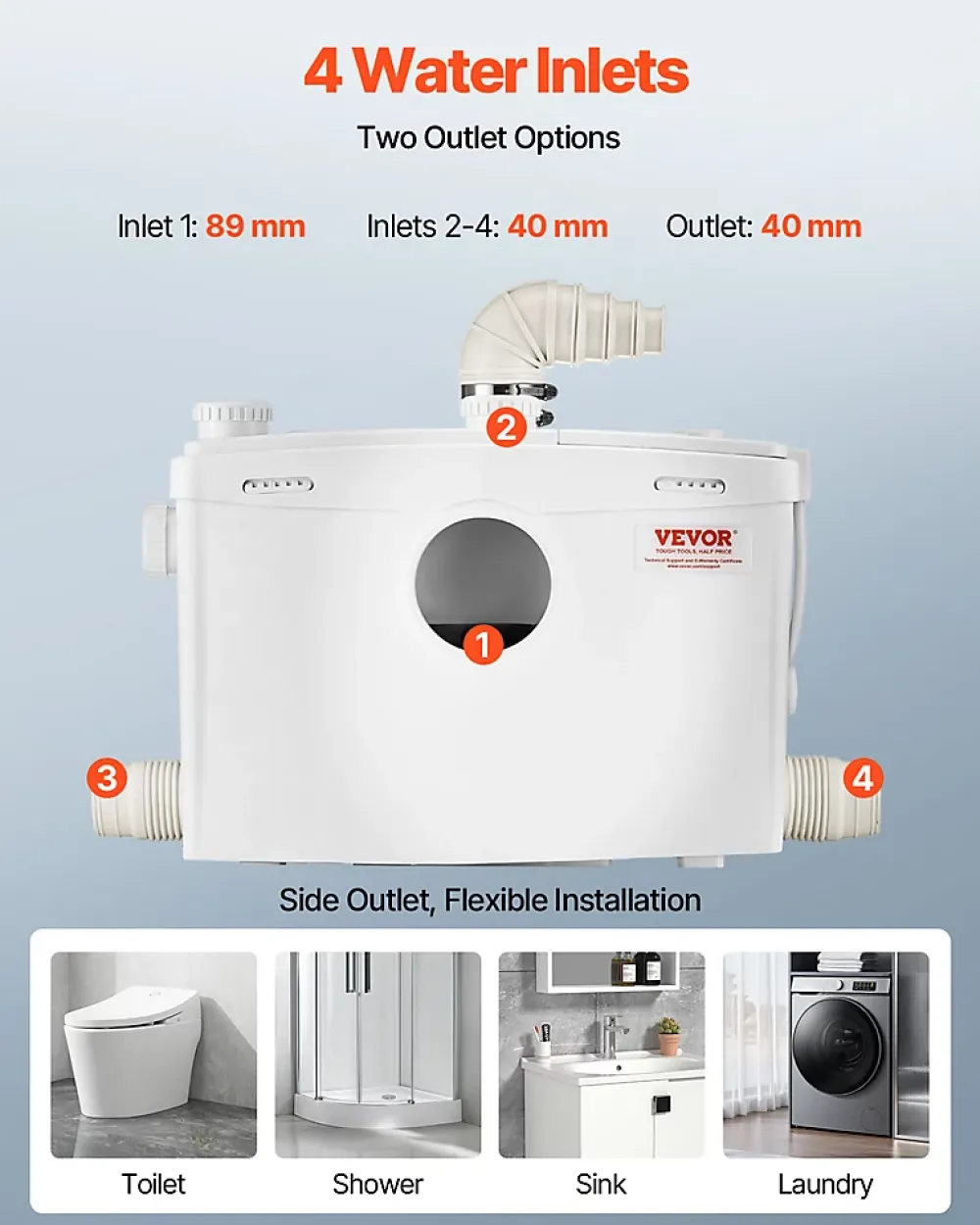 Wc Chimique Et Broyeur|Vevor Pompe macératrice 1200W, sanitaire 4 entrées eau, 180 L min, ht. refoulement 10 m.
