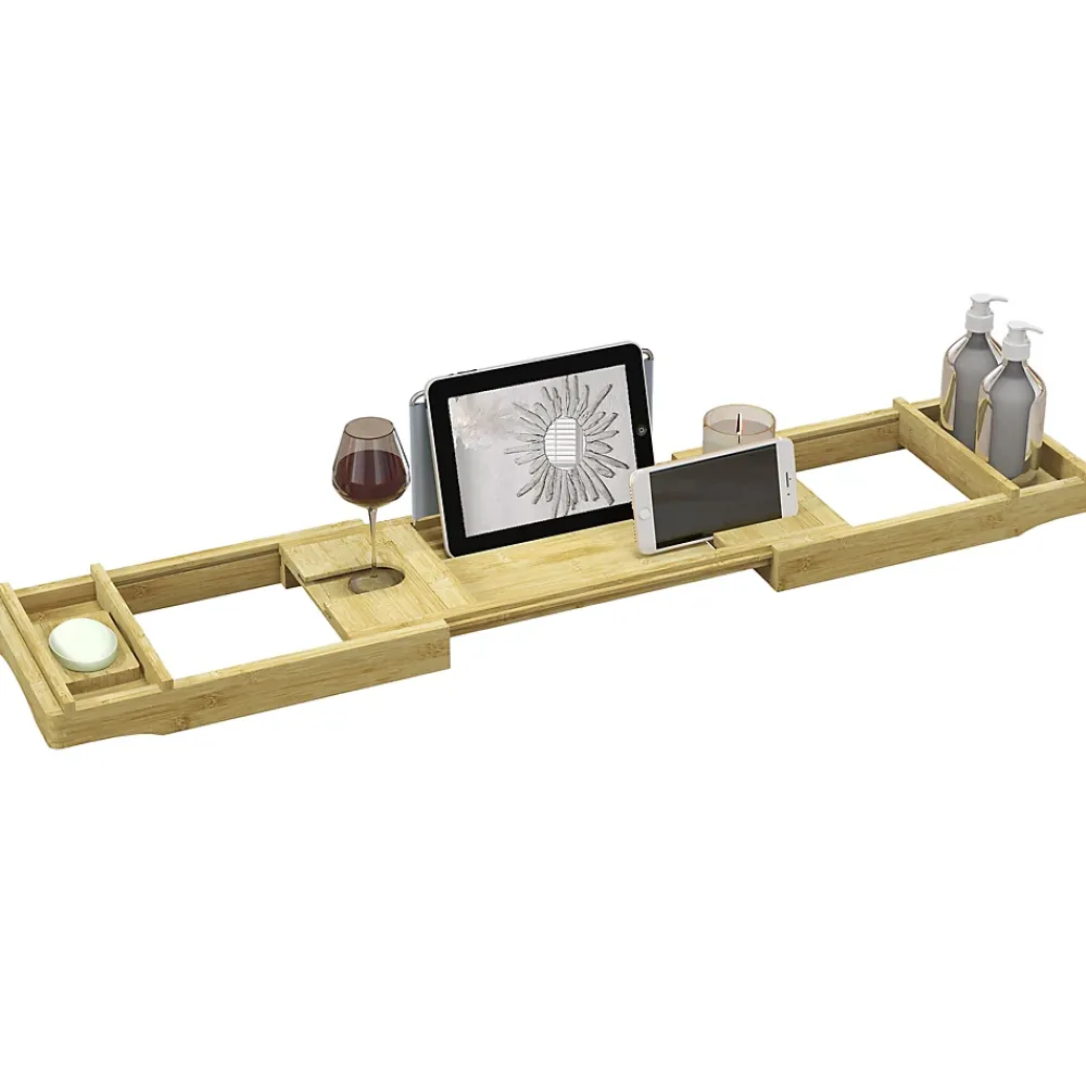 Tablier Et Habillage De Baignoire|Homcom Pont plateau de baignoire extensible 75-109L cm - porte-gobelet et savon - bambou verni