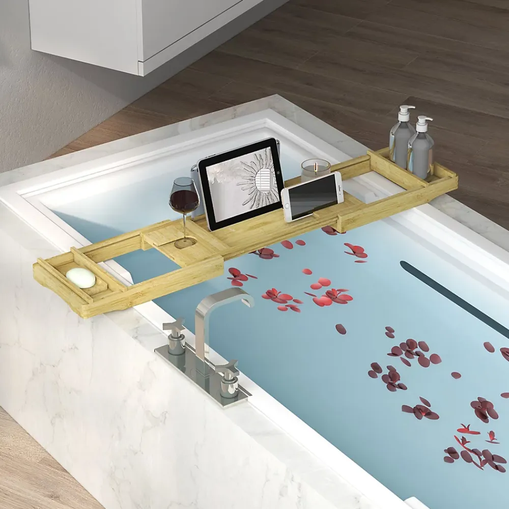 Tablier Et Habillage De Baignoire|Homcom Pont plateau de baignoire extensible 75-109L cm - porte-gobelet et savon - bambou verni