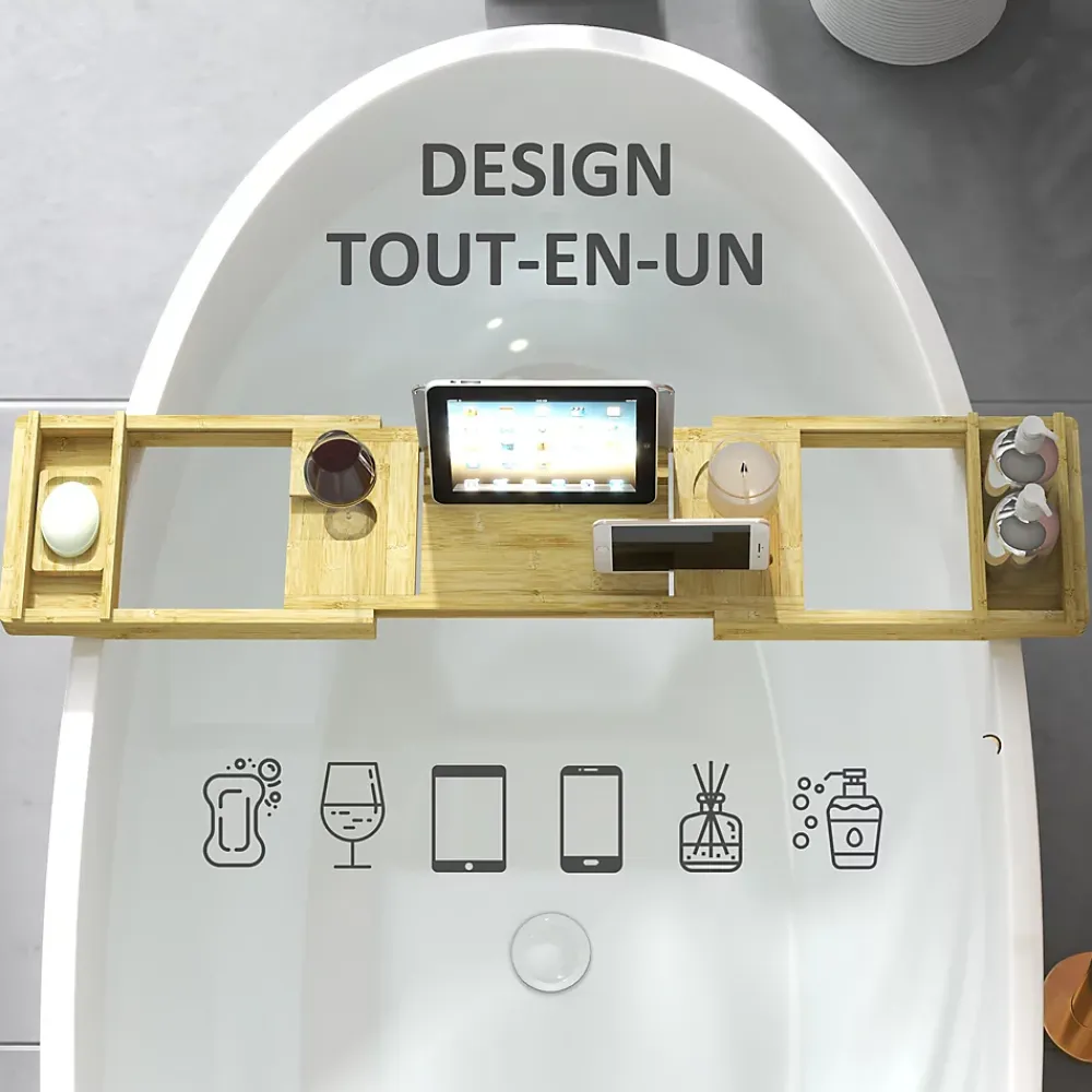Tablier Et Habillage De Baignoire|Homcom Pont plateau de baignoire extensible 75-109L cm - porte-gobelet et savon - bambou verni