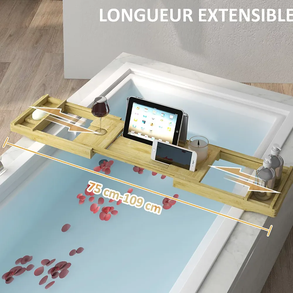 Tablier Et Habillage De Baignoire|Homcom Pont plateau de baignoire extensible 75-109L cm - porte-gobelet et savon - bambou verni