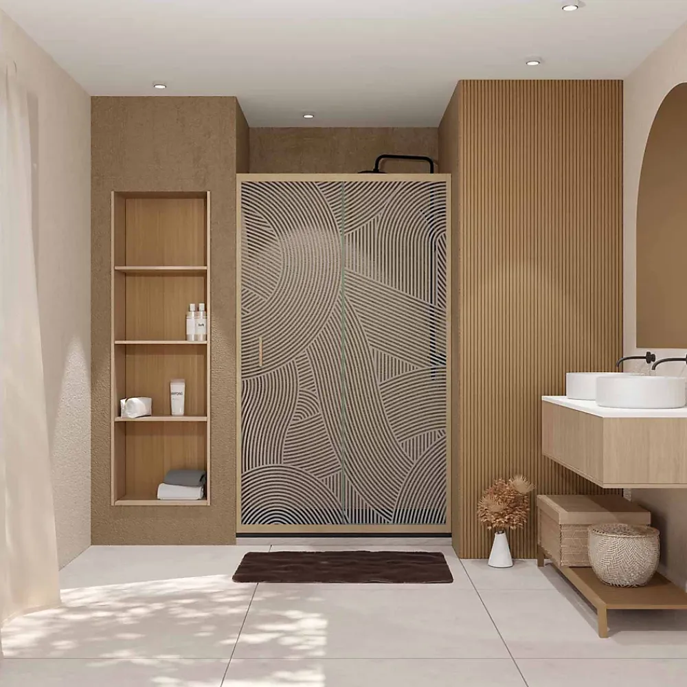 Paroi De Douche|Aurlane Porte de douche 120 coulissante HINATA - style Japandi courbes douces - Cadre effet Bois - Verre 6mm