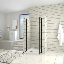 AICA Sanitaire Porte de douche battante 100cm en verre trempé anticalcaire profil et poignée Noir Mat douche italienne hauteur 200cm