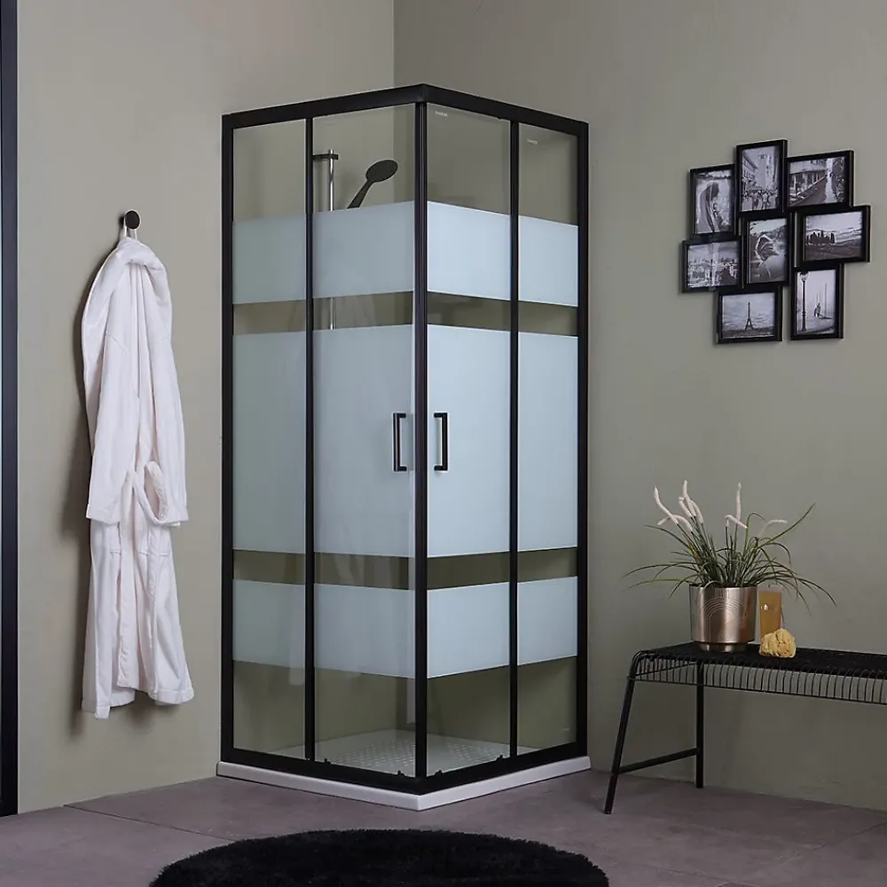Kiamami Valentina Porte De Douche Carrée 90X90 Avec Portes Sérigraphiées Et Profilés Noirs - City