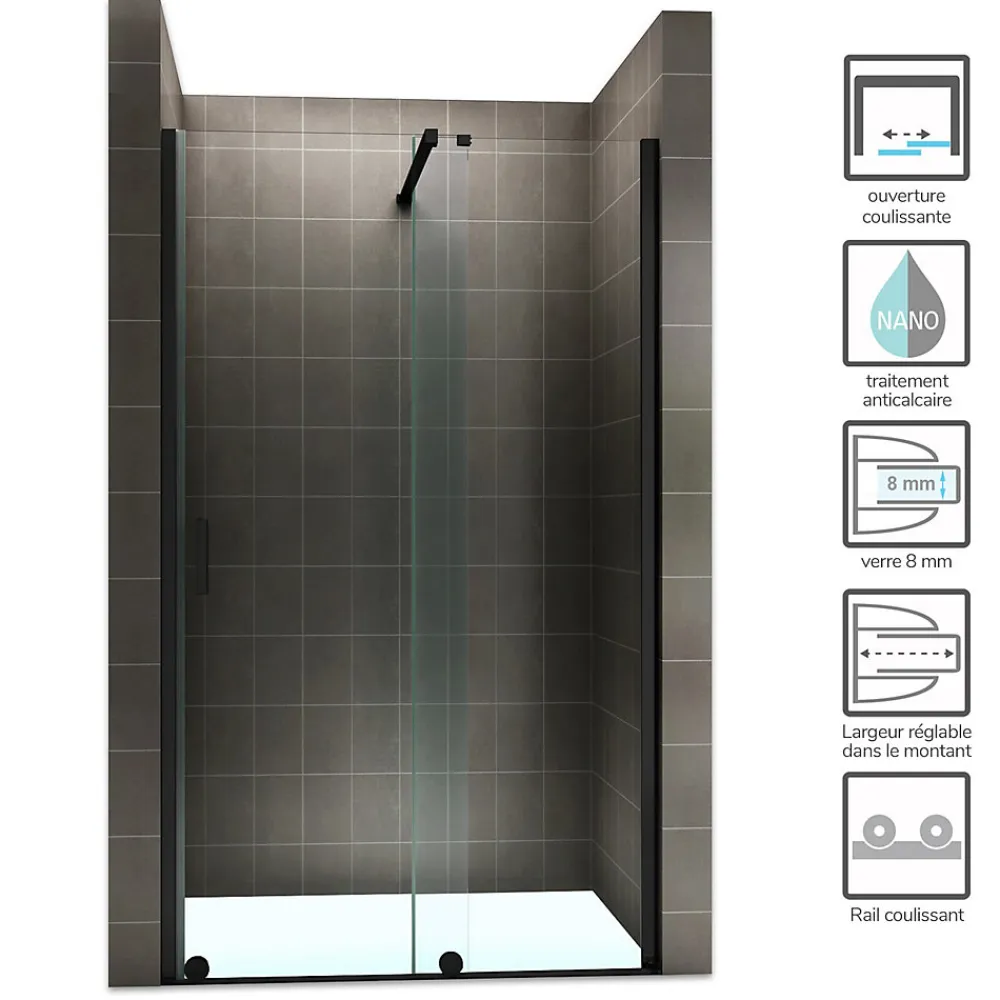 Porte De Douche|Saniverre Porte de douche coulissante NAPOLIBLACK H.200 x L. 170 cm verre transparent 8 mm -