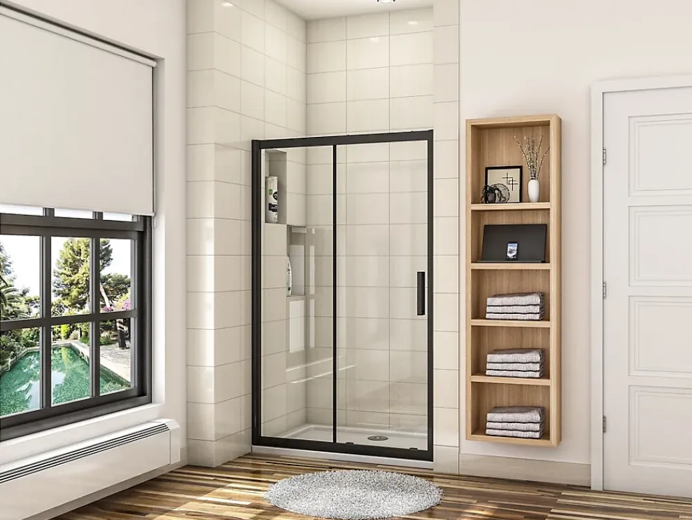 AICA Sanitaire Porte de douche coulissante 140cm en verre anticalcaire porte de douche Noir mat avec l'amortisseur Hauteur 195cm