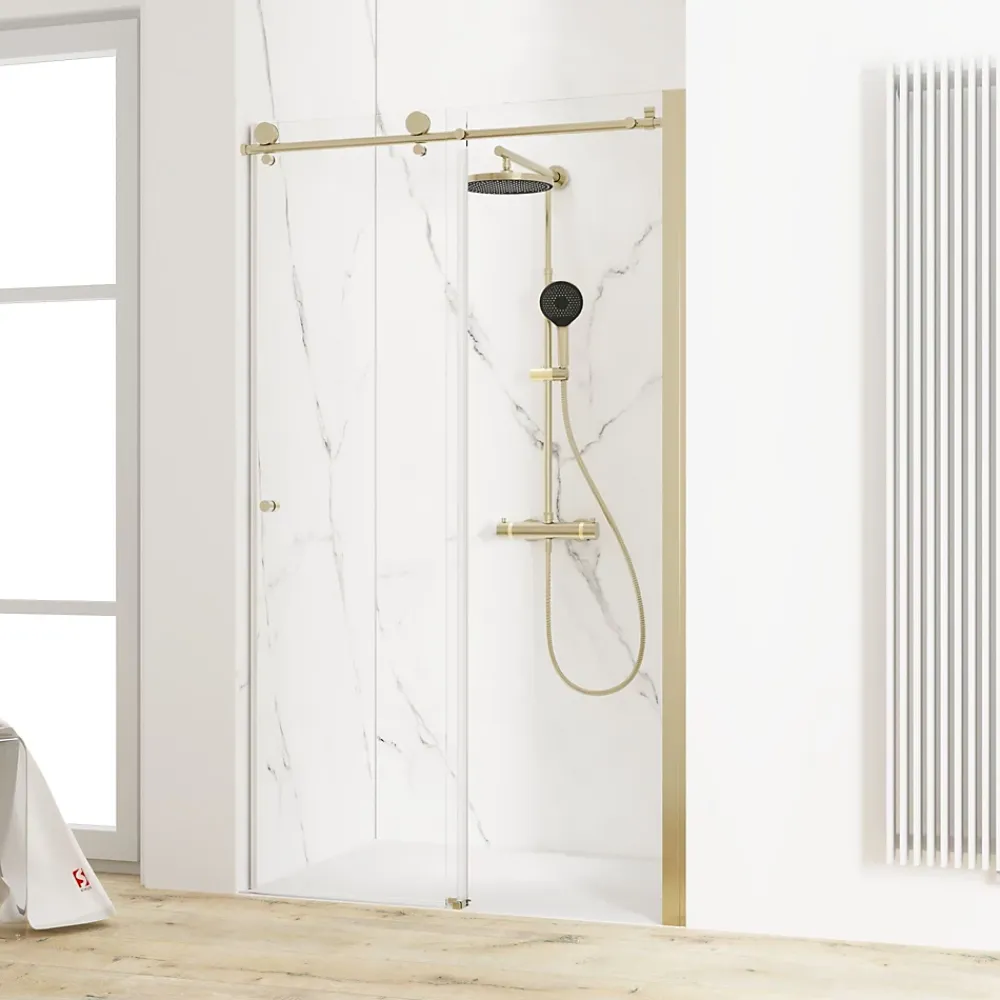 Porte De Douche|Schulte Porte de douche coulissante l.100 x H.200 cm, verre transparent, profilé doré mat, MasterClass