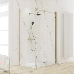 Schulte Porte de douche coulissante avec paroi latérale l.120+80 x H.200 cm, verre transparent, profilé doré mat, MasterClass