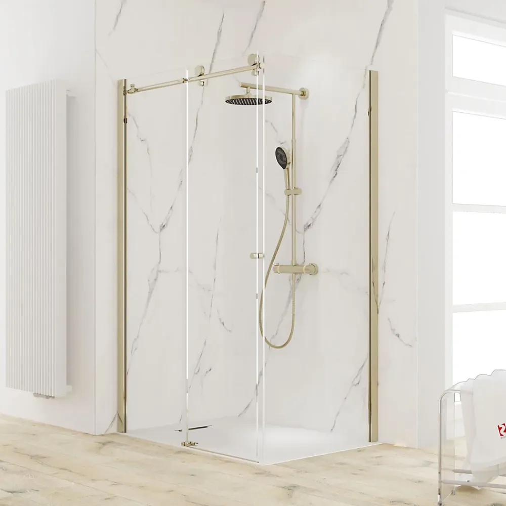 Schulte Porte de douche coulissante avec paroi latérale l.120+80 x H.200 cm, verre transparent, profilé doré mat, MasterClass