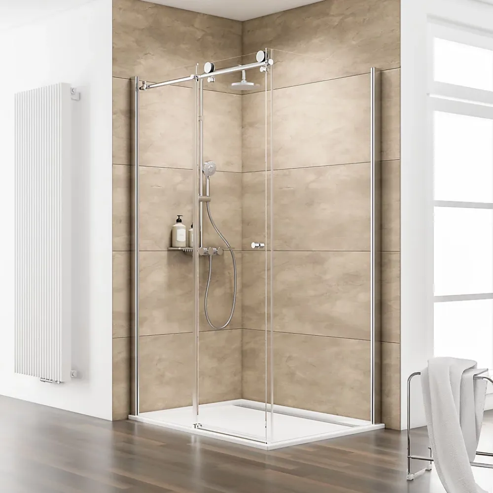 Schulte Porte de douche coulissante avec paroi latérale l.120+80 x H.200 cm, verre transparent anticalcaire, profilé chromé, MasterClass