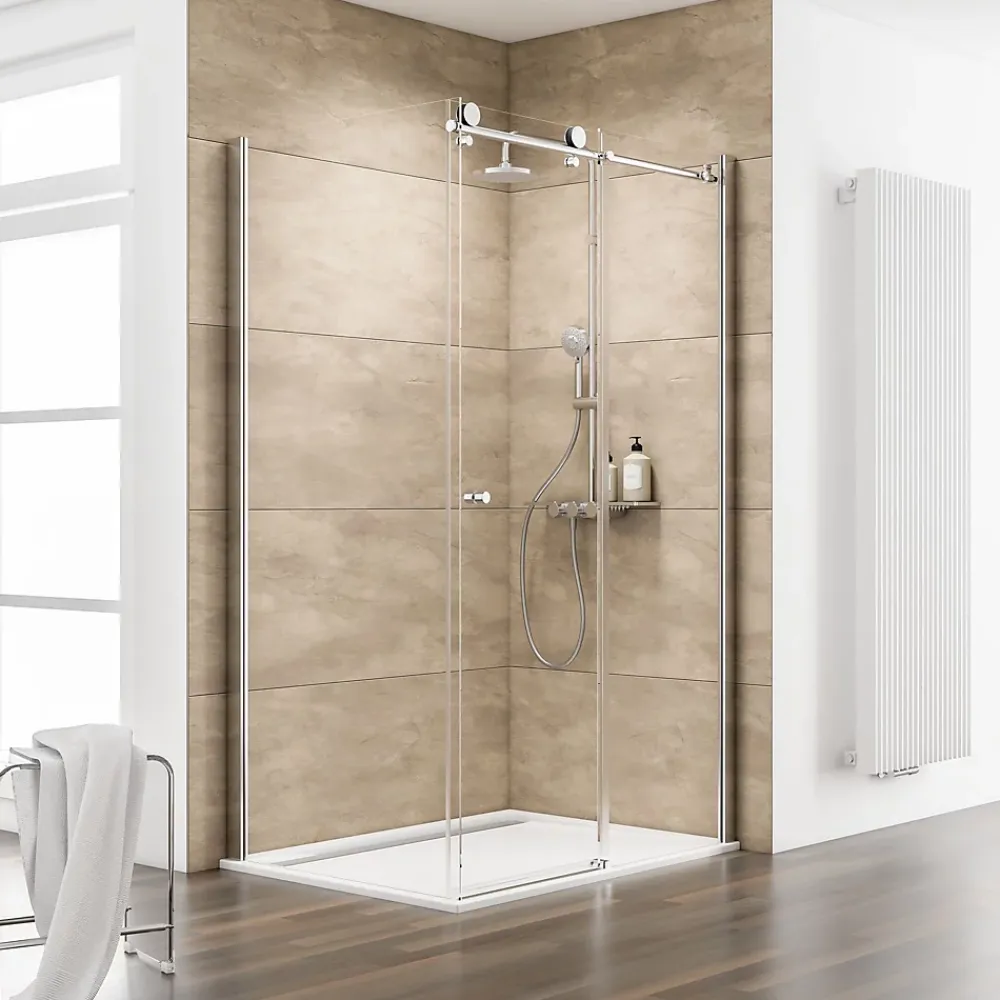 Schulte Porte de douche coulissante avec paroi latérale l.120+80 x H.200 cm, verre transparent anticalcaire, profilé chromé, MasterClass