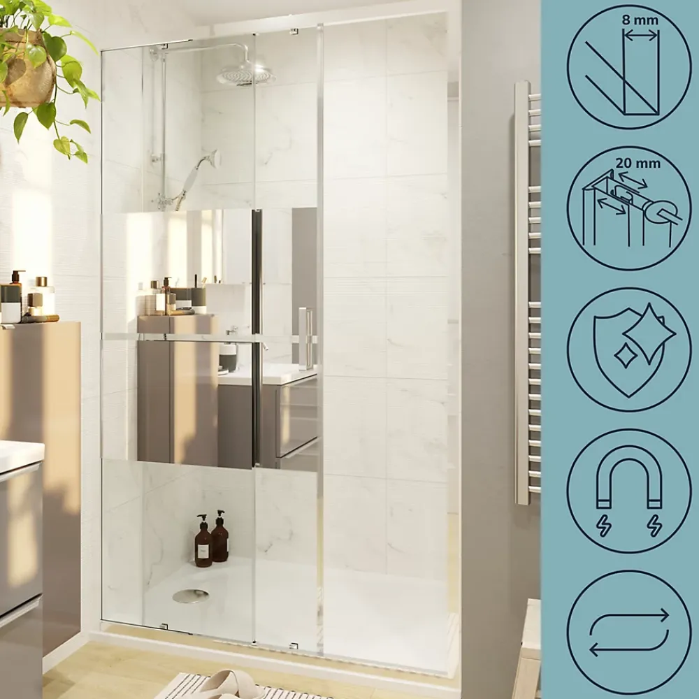 GoodHome Porte de douche coulissante l.120 x H.195 cm, bandes miroir, profilés alu chrome, Ledava