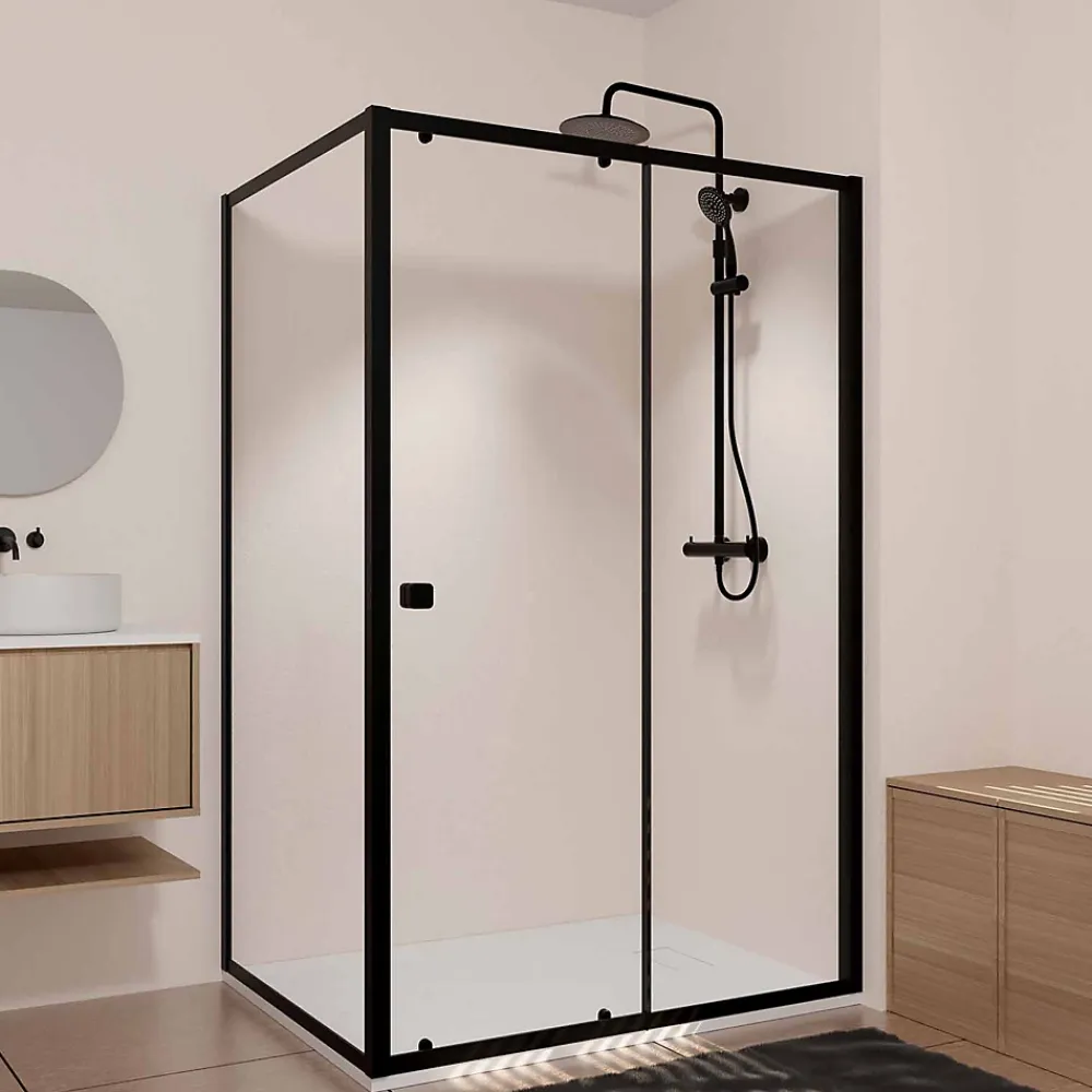 Paroi De Douche|Aurlane Porte de Douche Coulissante Extensible 100x185cm et Retour Fixe 90cm - Noir - BLACK SLIDE