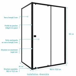 Paroi De Douche|Aurlane Porte de Douche Coulissante Extensible 100x185cm et Retour Fixe 90cm - Noir - BLACK SLIDE