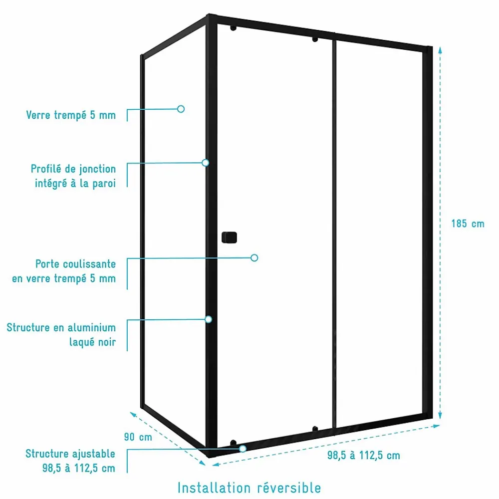 Paroi De Douche|Aurlane Porte de Douche Coulissante Extensible 100x185cm et Retour Fixe 90cm - Noir - BLACK SLIDE