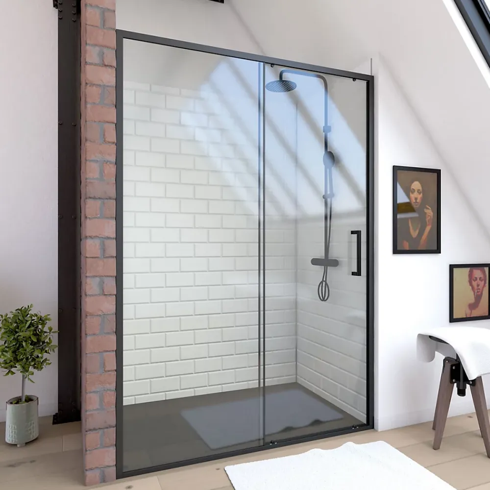 Porte De Douche|Aurlane Porte de douche coulissante 120x200 cm - Verre transparent - Profilé Noir - CRUSH