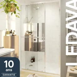 GoodHome Porte de douche coulissante l.140 x H.195 cm, bandes miroir, profilés alu chrome, Ledava