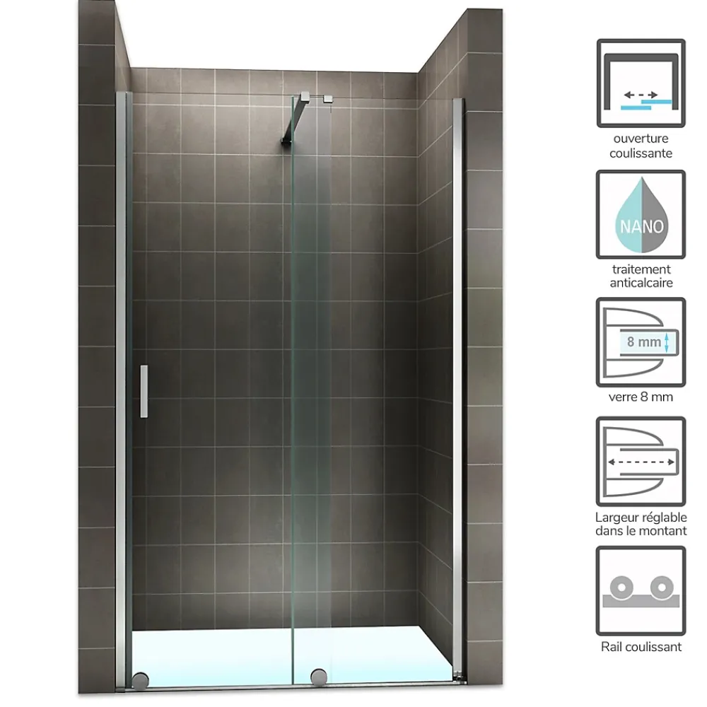 Saniverre Porte de douche coulissante NAPOLI H.200 - largeur 130 cm verre transparent 8 mm -