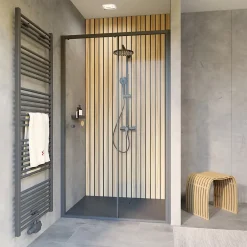 Schulte Porte de douche coulissante droite l.100 x H.200, verre transparent, profilé noir, Trend2.0