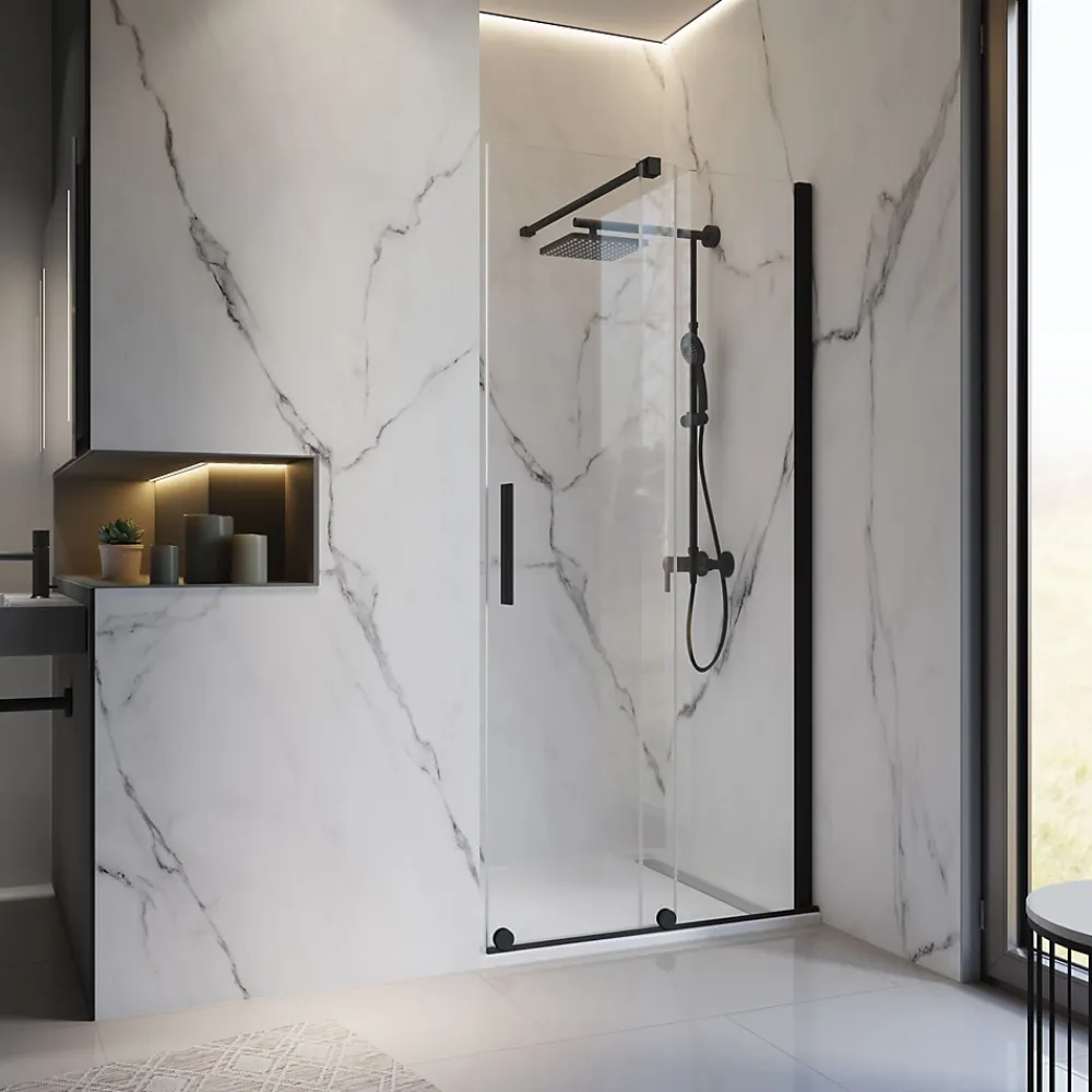 Schulte Porte de douche coulissante avec roulettes l.120 x H.200 cm, verre transparent anticalcaire, profilé noir mat, NewStyle