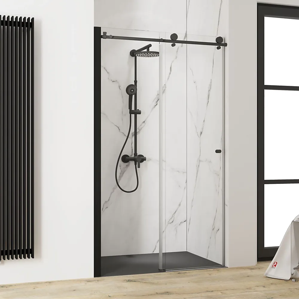 Schulte Porte de douche coulissante l.120 x H.200 cm, verre transparent, profilé noir mat, MasterClass